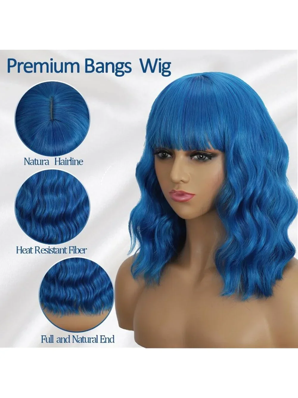 Women's Dark Blue 14 Inch Heat Resistant Synthetic Short Wavy Bob Wigs Bangs